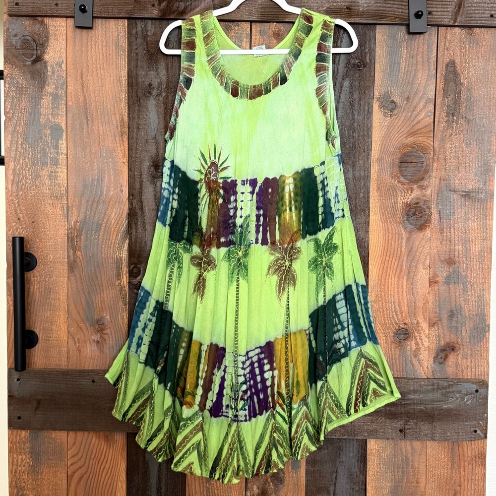 Shoreline Swim Beach‎ Cover Up Dress OSFM Lime Green Tie Dye Embroidered Rayon